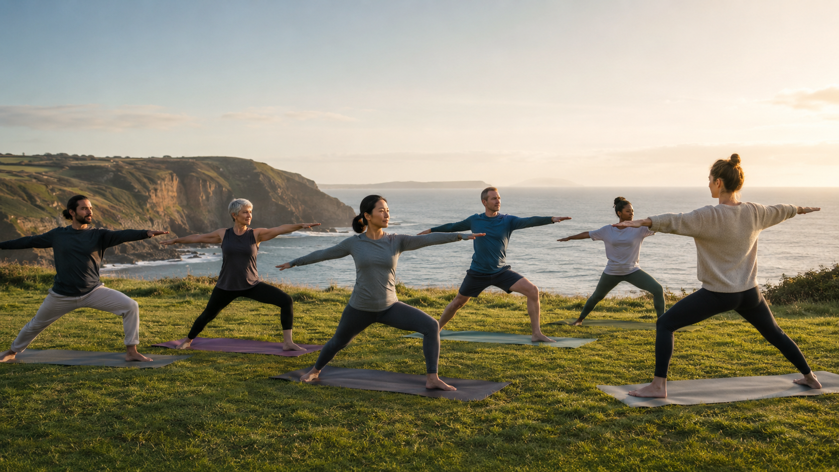 Outdoor yoga class overlooking the Northern Ireland coast